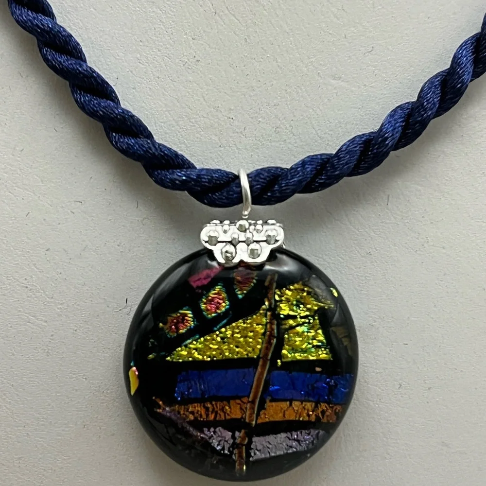 Gold and Blue Dichroic Glass Pendant Necklace